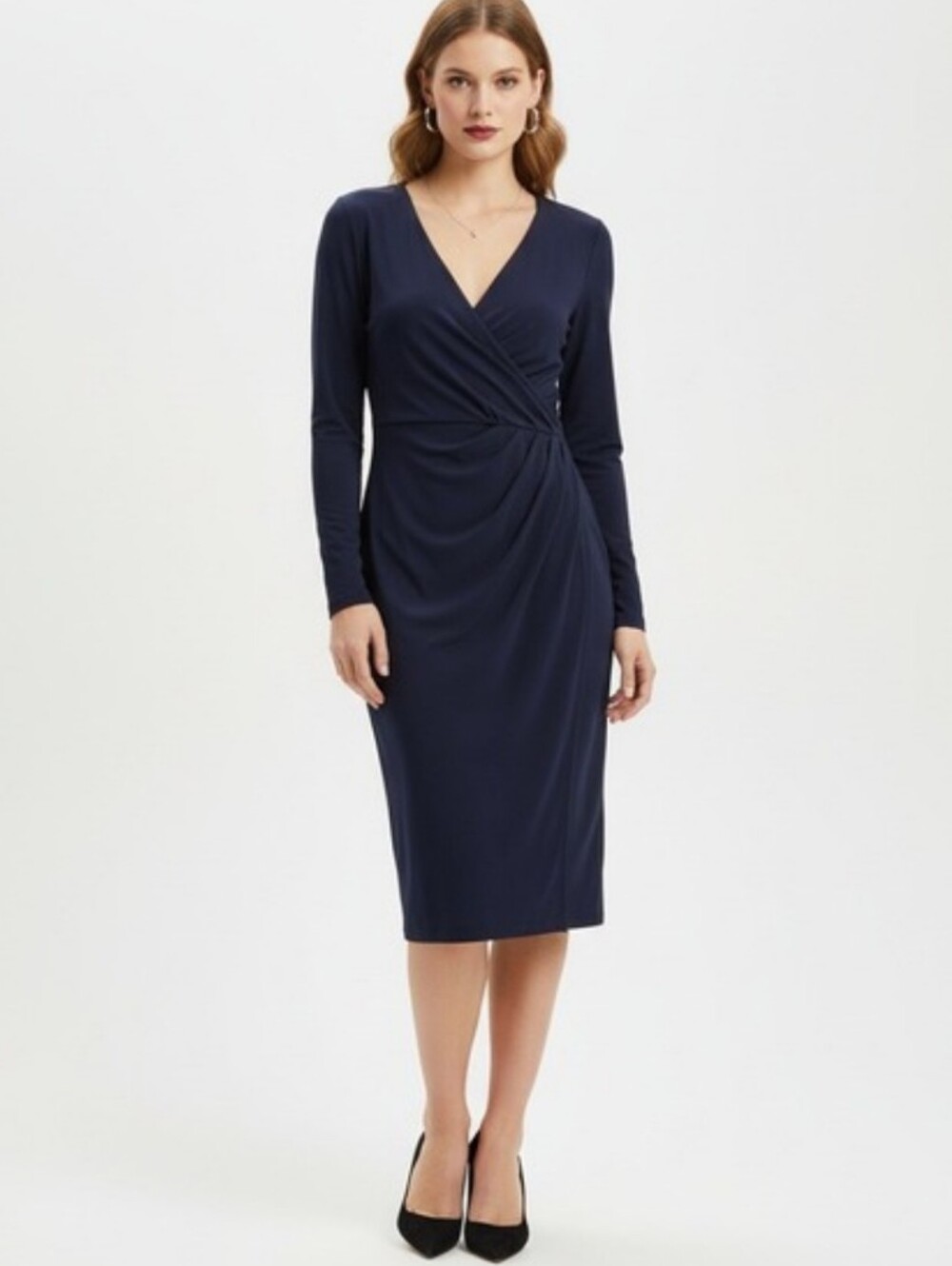 Stunning Ralph LaurenNavy Blue Draped Wrap Style 3/3 Sleeve Cocktail Midi Dress - Picture 4 of 11